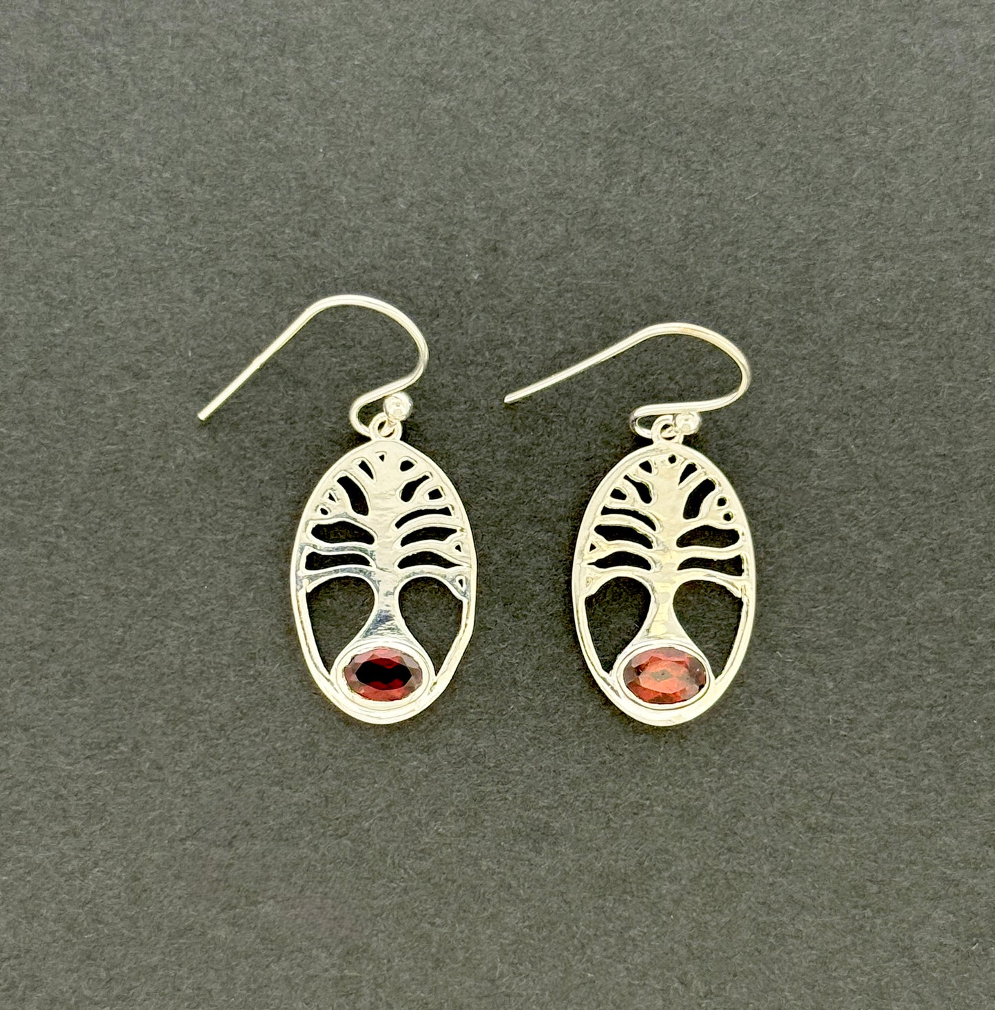 Garnet Earrings with Faceted Stones, Tree of Life