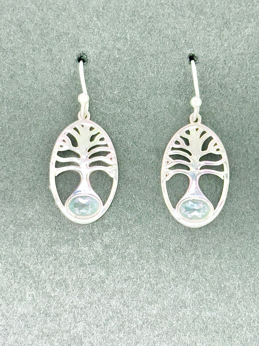 Blue Topaz Earrings with Faceted Stones, Tree of Life