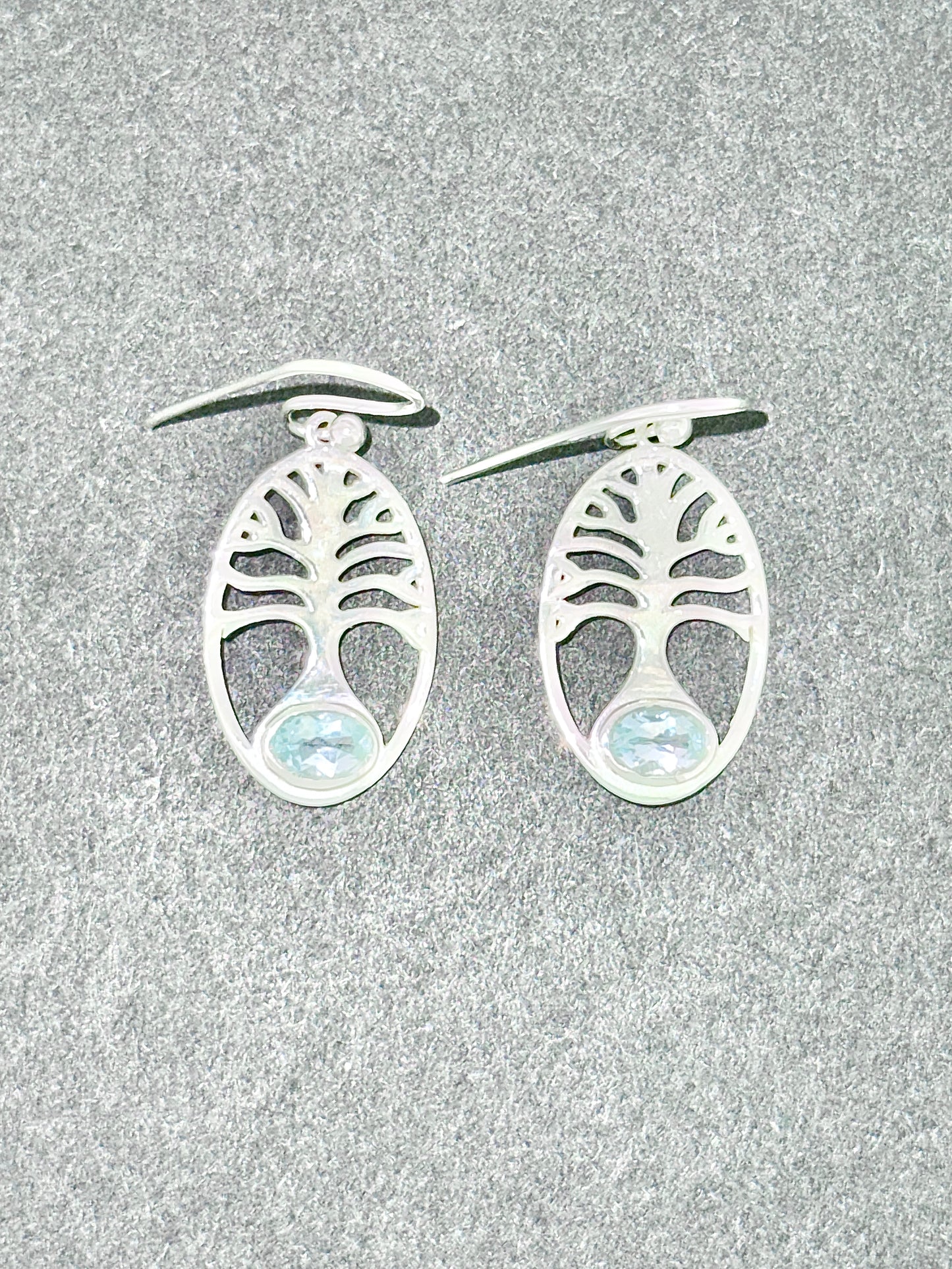 Blue Topaz Earrings with Faceted Stones, Tree of Life