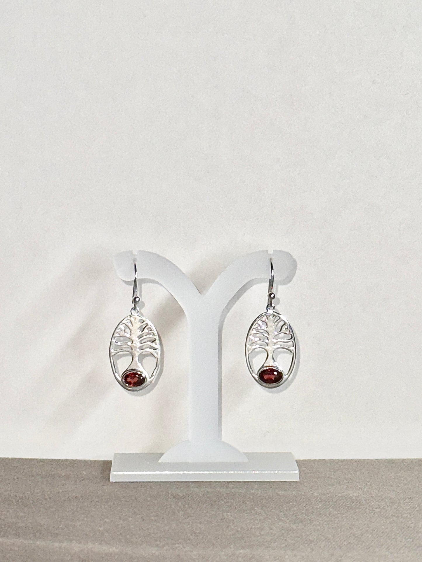 Garnet Earrings with Faceted Stones, Tree of Life