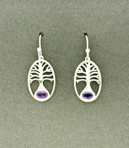Amethyst Earrings with Faceted Stones Tree of Life