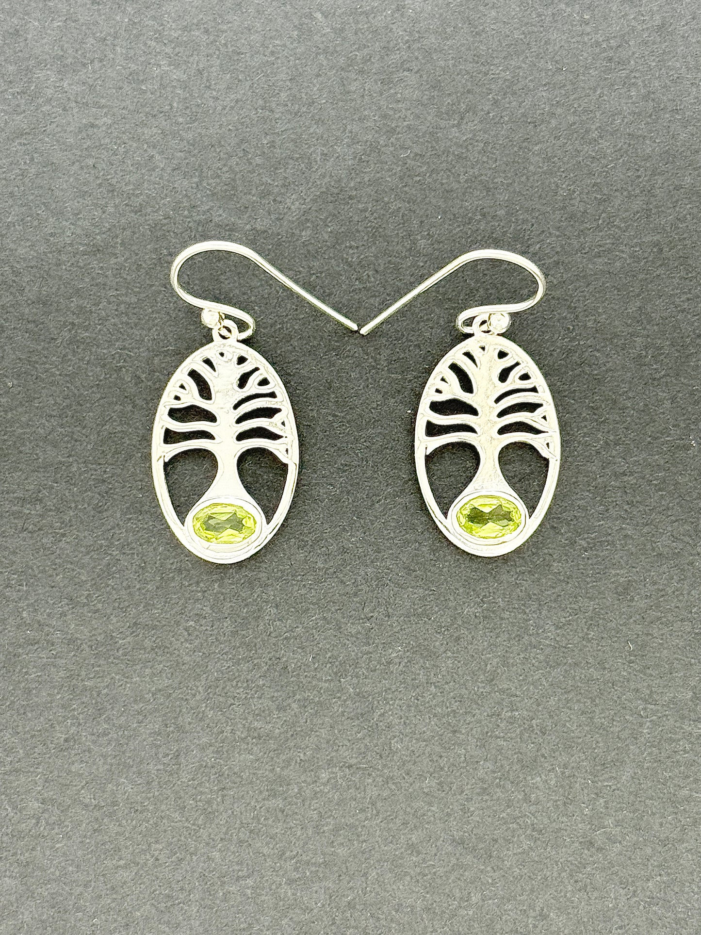 Peridot Earrings with Faceted Stones, Tree of Life