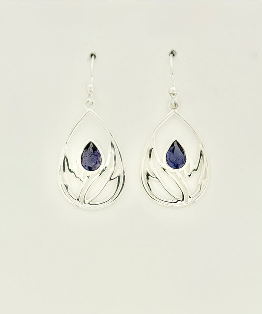 Iolite Earrings with Faceted Stones, Blooming Flower