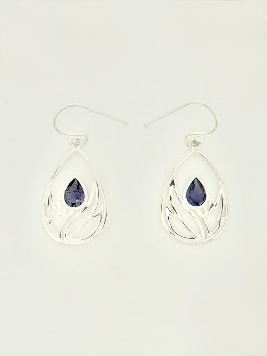 Iolite Earrings with Faceted Stones, Blooming Flower